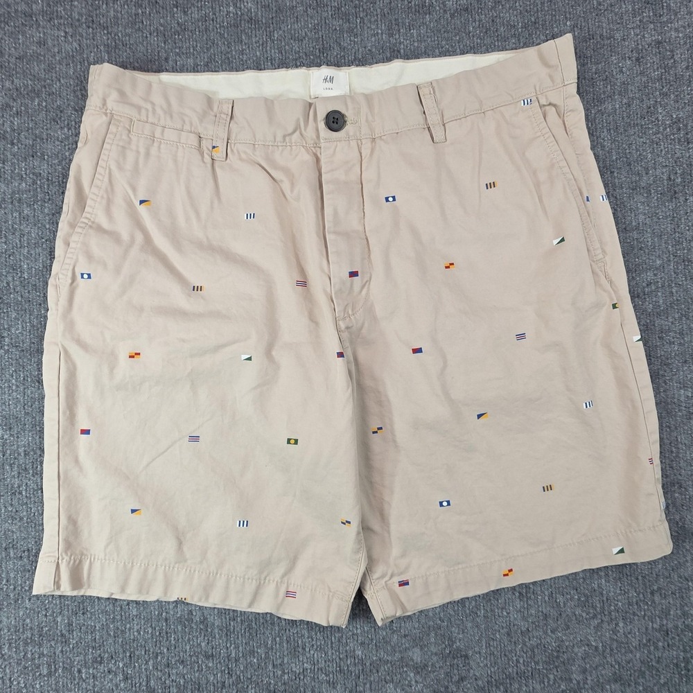H&M Chino Shorts Mens 36 Beige‎ Nautical Flag Print Cotton Casual Preppy